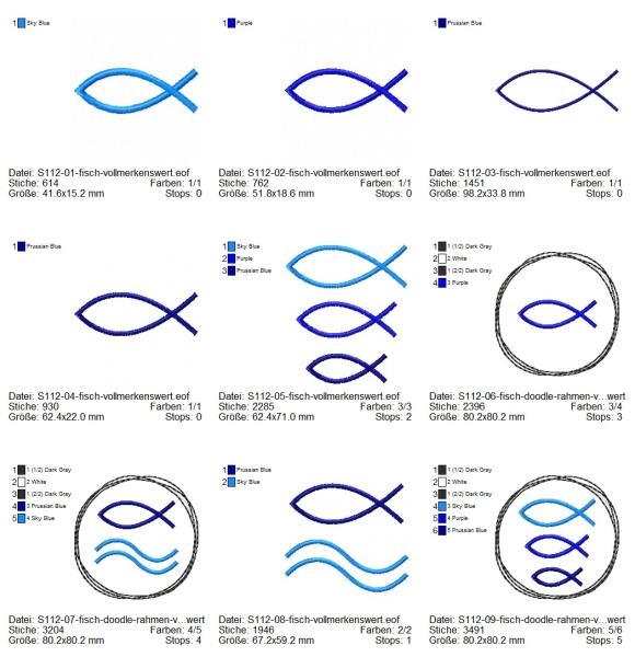 9 Stickdateien im Set Fisch Ichthys für 10x10cm Stickrahmen S112-set-02